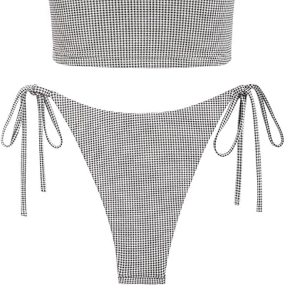 Y2K Gingham Halter Tankini Set | Sexy Retro Black Swimwear XL - Picture 3 of 9